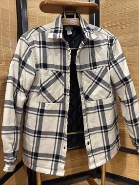 H&M Cream and Black Plaid Quilted-Lined Shacket